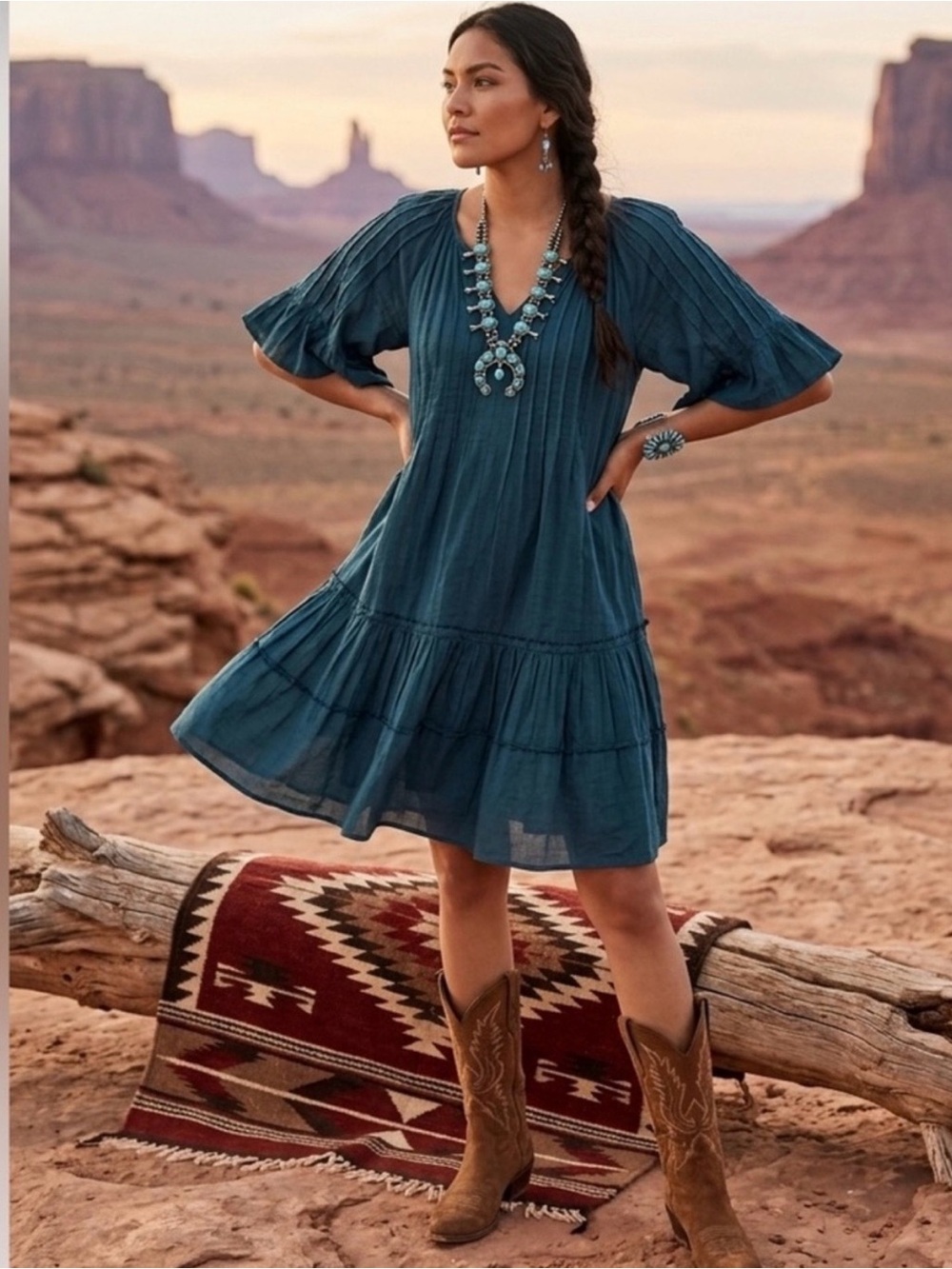 Sundance Aisha Pond Teal Cotton Tie Neck Peasant Dress Size Small